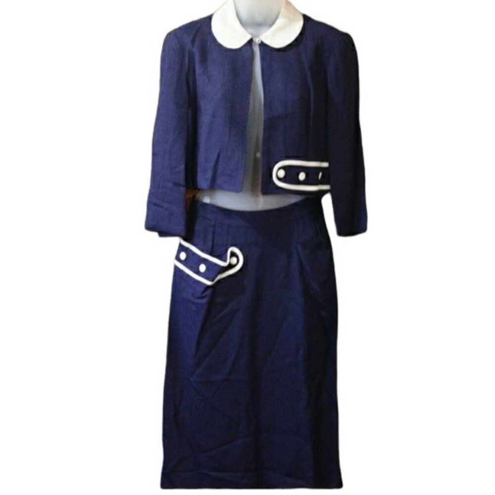 Vintage Blue White Country Craft 2 Piece Sailor Skirt Suit with Belt Detail